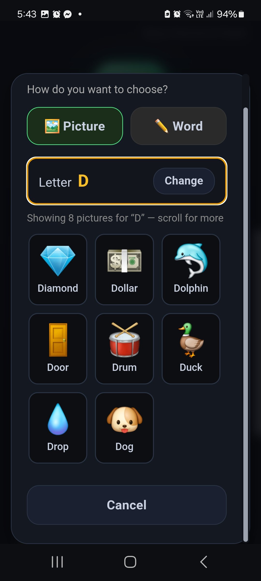 Picture grid for the letter D including Dog