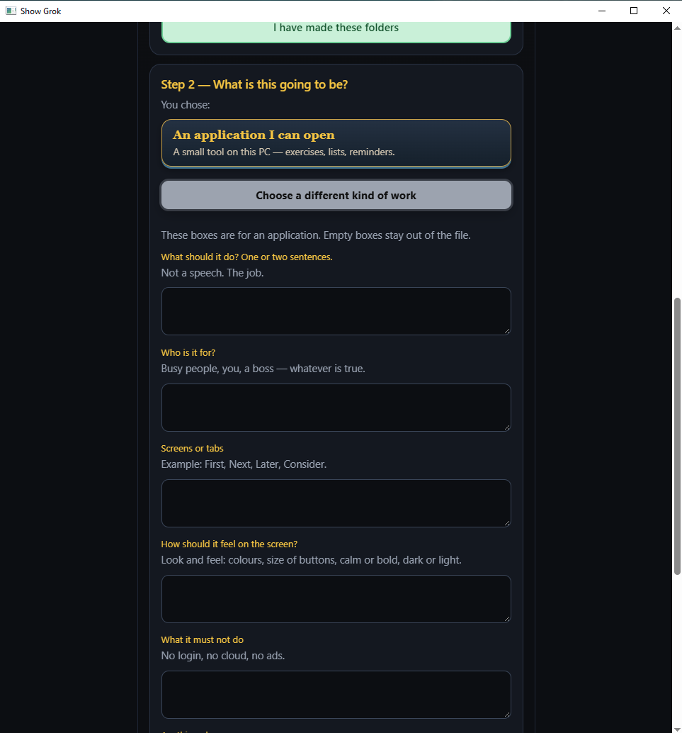 Leading questions after choosing Create an Application